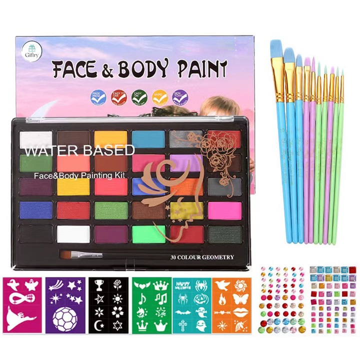 Професионален комплект Giftry®, рисуване на лице и тяло, деца и възрастни, 30 цвята, 10 четки, шаблони, боя на водна основа, нетоксичен, 3 години +