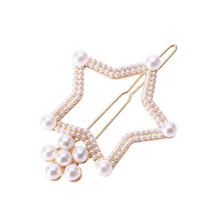 Agrafa pentru par, model steluta cu floricica si perlute albe Auriu