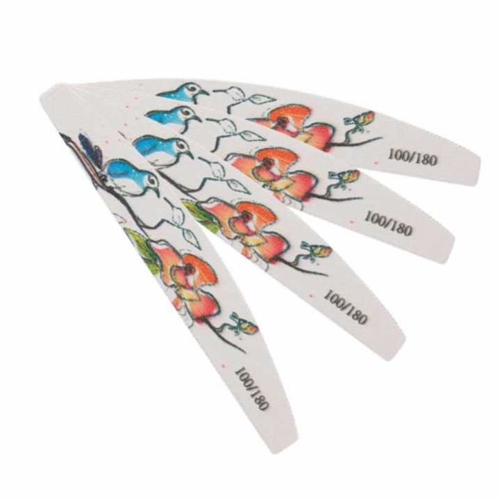 Set 4 pila unghii Ardette, Semiluna, Alba cu imprimeu floral, Granulatie 100/180