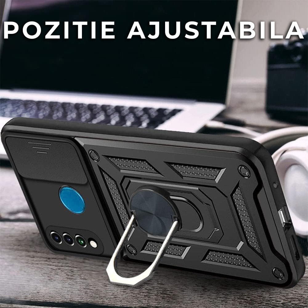 Husa pentru Huawei P30 Lite/P30 Lite New Edition Premium Hybrid Armor Kickstand, Slider Camera, Antisoc, Protectie Superioara, Negru