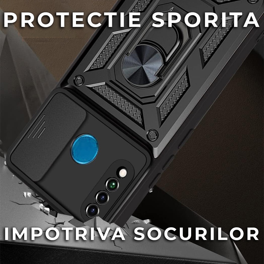 Husa pentru Huawei P30 Lite/P30 Lite New Edition Premium Hybrid Armor Kickstand, Slider Camera, Antisoc, Protectie Superioara, Negru