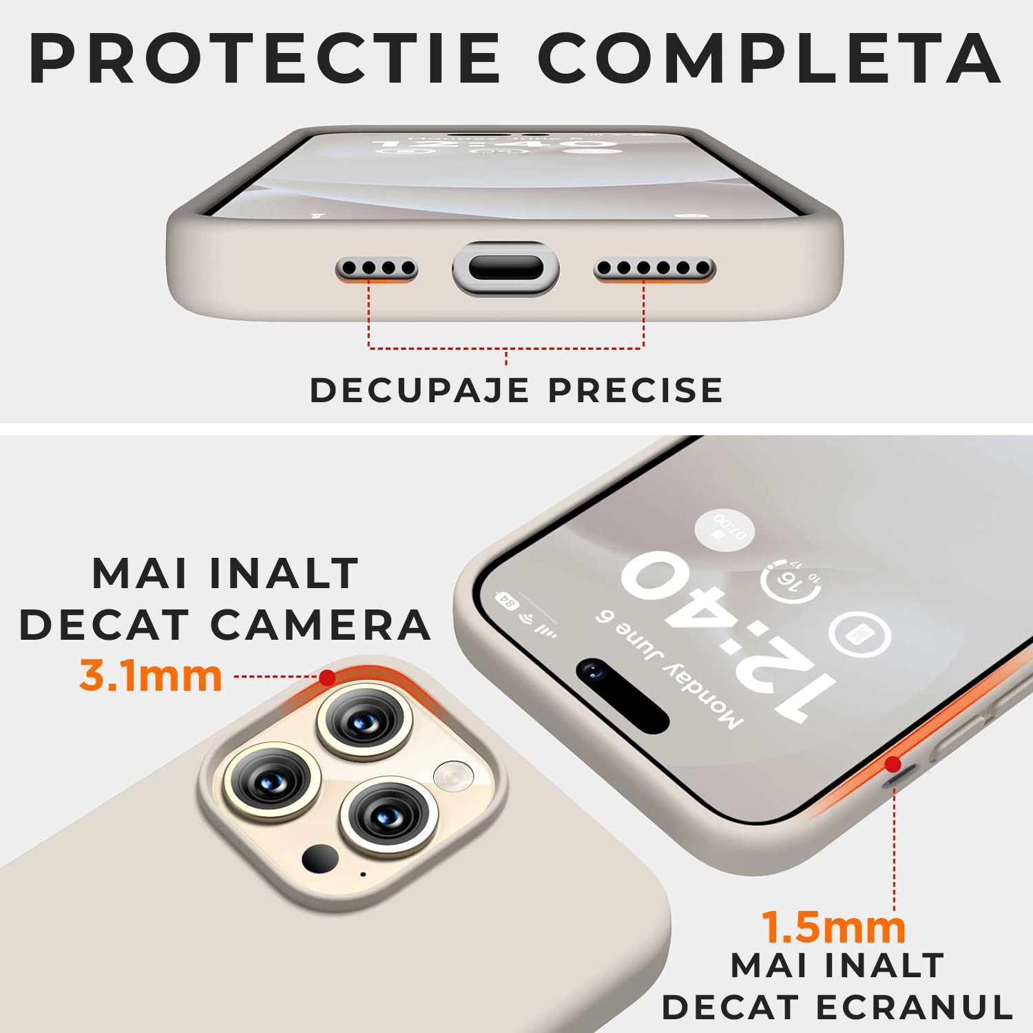 Husa Silicon pentru iPhone 15 Pro Max, Crem, Ultra Slim, Silicon, Calitate Premium, Interior din microfibra