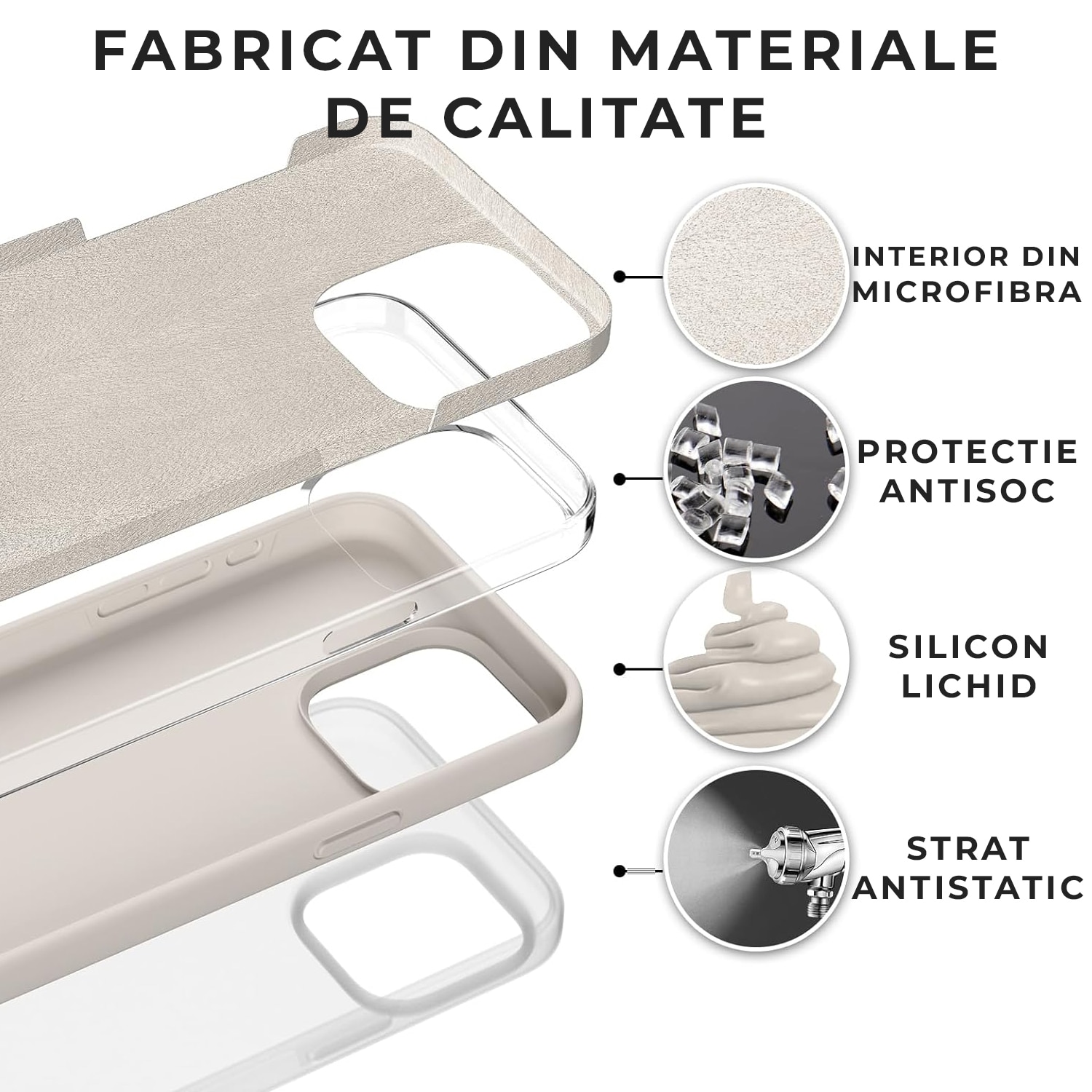 Husa Silicon pentru iPhone 15 Pro Max, Crem, Ultra Slim, Silicon, Calitate Premium, Interior din microfibra