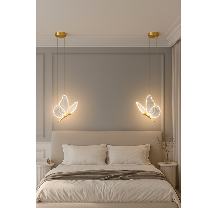Lustra LED, Suspendata, Pendul, Design in forma de Fluture, Dimabila, 3 Tipuri de Lumina, Calda, Neutra si Rece, Potrivit pentru Dormitor, Bucatarie, Hol, Living, Camera Copii, Birou, Restaurant, Auriu/Transparent, FilSAB