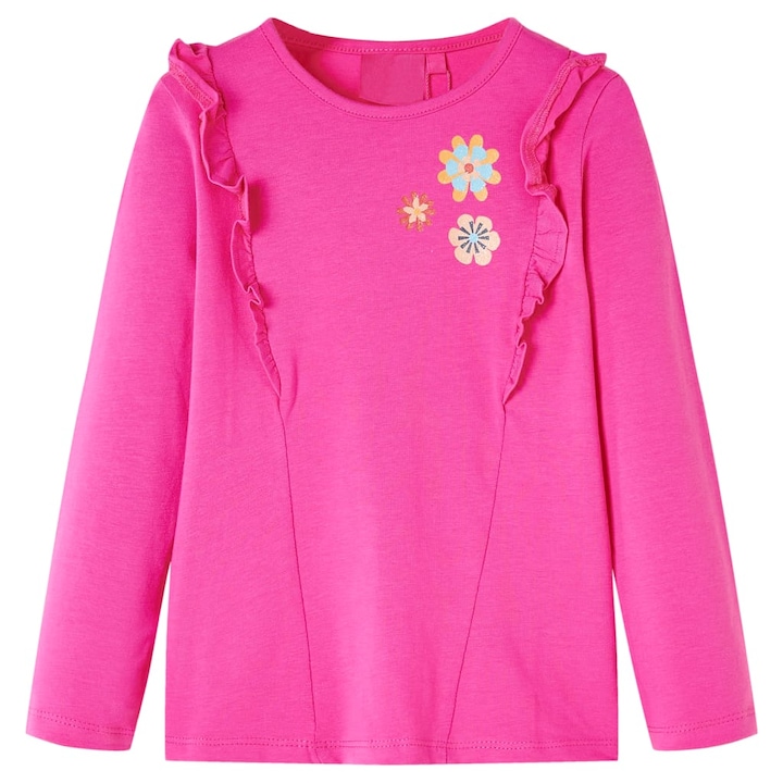 vidaXL детска тениска с дълъг ръкав, щампа на цветя, тъмно розово, Розов
