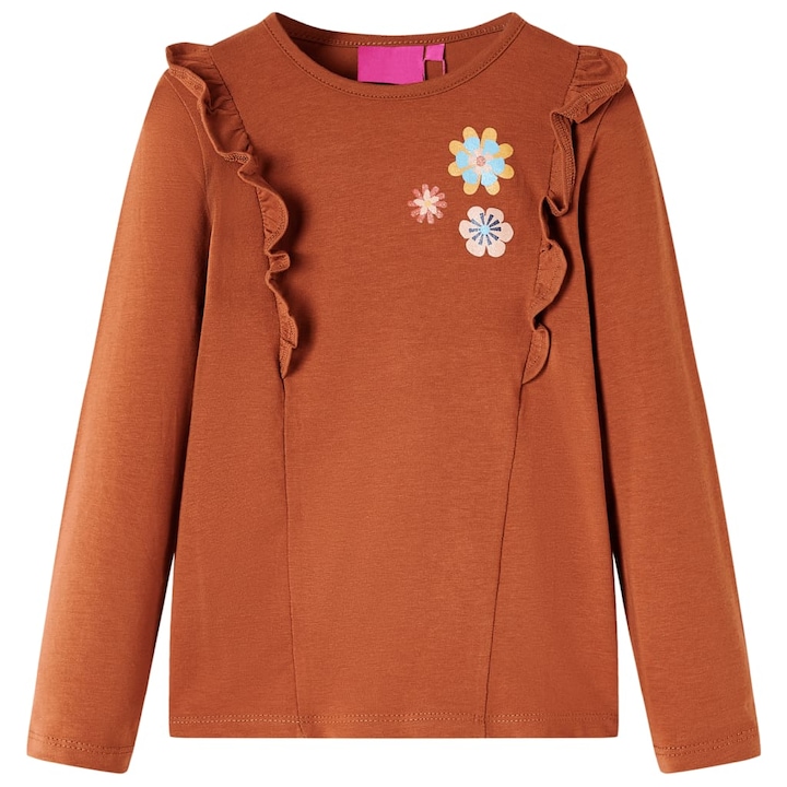 Детска тениска с дълъг ръкав vidaXL, Щампа на цветя, Цвят коняк