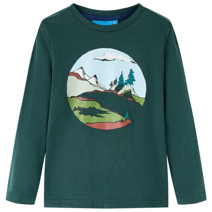 Tricou de copii cu maneci lungi imprimeu munte/pomi vidaXL, verde inchis, Verde