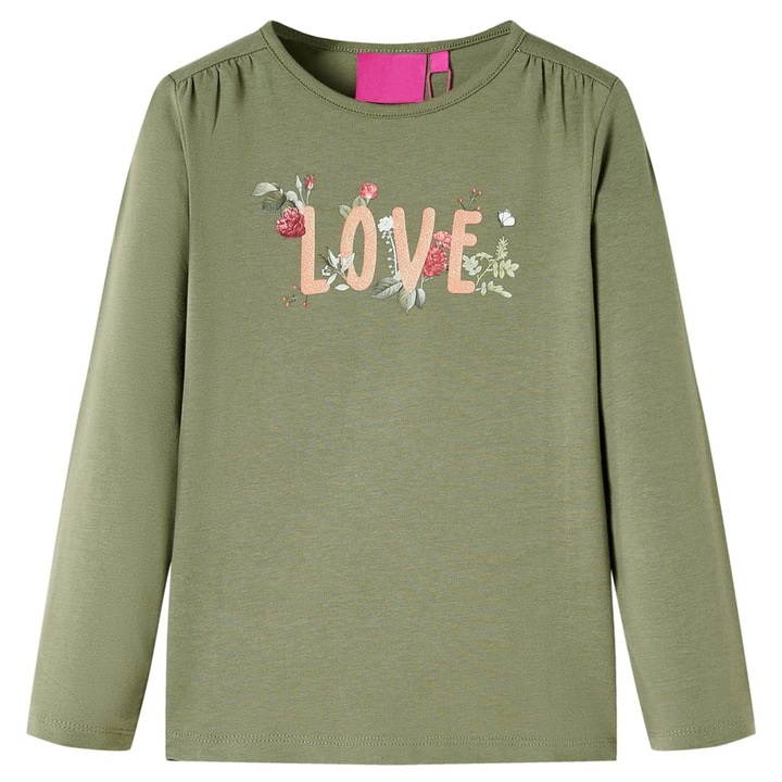 Tricou pentru copii cu maneci lungi vidaXL, imprimeu Love, kaki, Verde