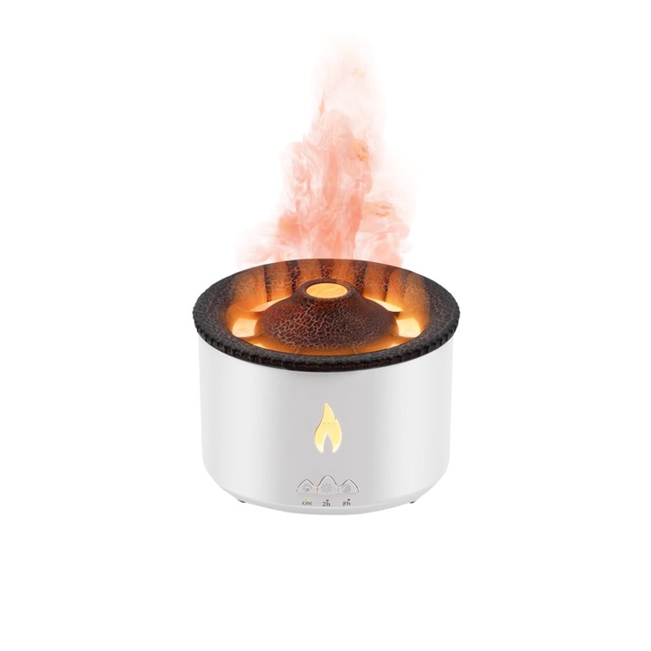 Difuzor Vulcano, aromaterapie, flacara personalizata, V19, Portabil, USB, Capacitate rezervor 350 ml, 2 Moduri de utilizare, Functie smart Mist, Alb