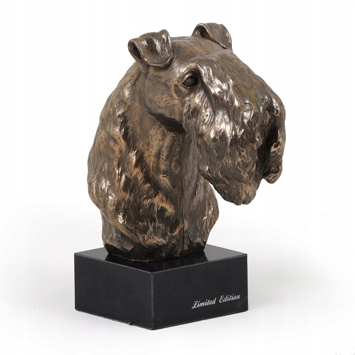 Kerry kék terrier szobrocska, márvány/bronz/gyanta, 17x9x11,5 cm, fekete/bronz