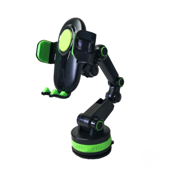 Suport Auto OZ, Reglabil si Rotativ, Unghi suport si brat 360 de grade, Verde/Negru, Universal, Fixare pe bord sau parbriz, Ventuza puternica si lipicioasa