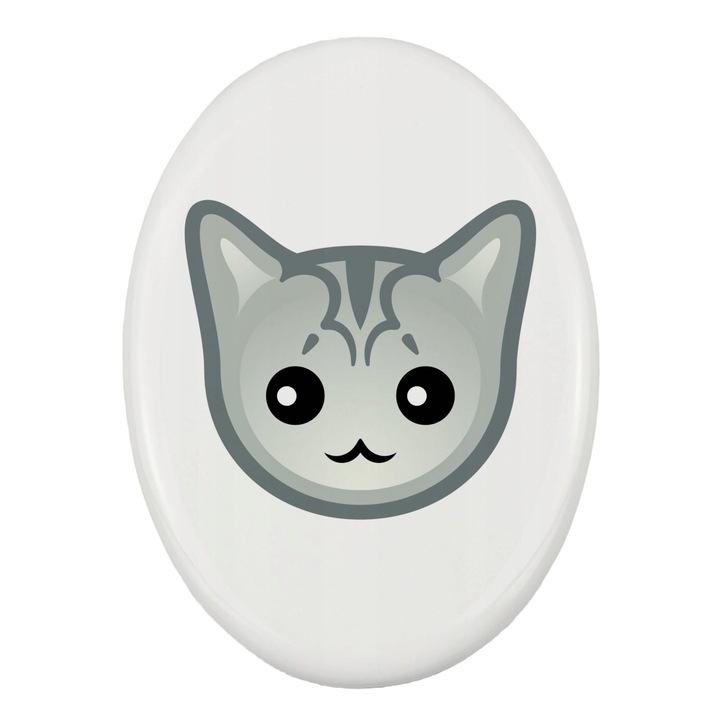 Piatra funerara pentru animale de companie, Pisica Burmilla, Ceramica, 7.5 x 10 cm, Alb/Gri