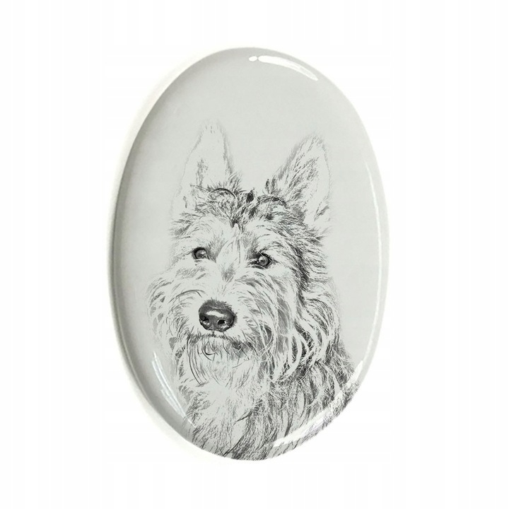 Piatra funerara pentru caini, Cu model Picardy Sheepdog, Ceramica, 10 x 7,5 cm, Gri/Alb