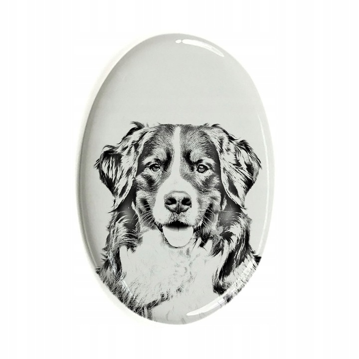 Надгробна плоча за домашни любимци, керамика, модел Бернско планинско куче, 10 x 7,5 см, бяло/черно