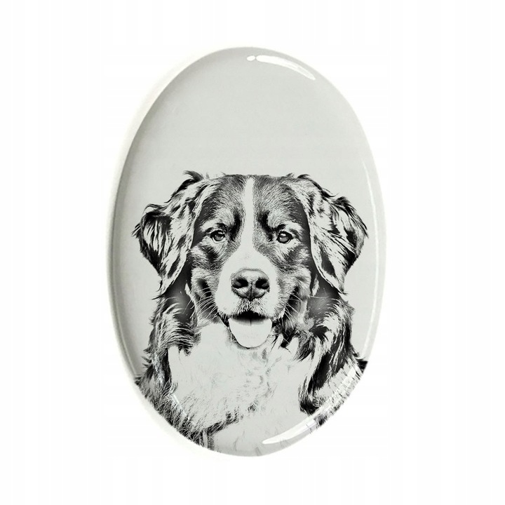 Piatra funerara animal de companie, Ceramica, Model Bernese Mountain Dog, 10 x 7.5 cm, Alb/Negru