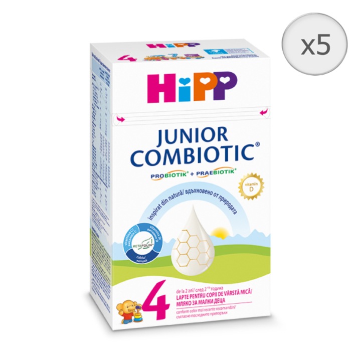 Pachet 5 x Lapte praf Hipp 4 Combiotic Junior, 500 g, de la 2 ani