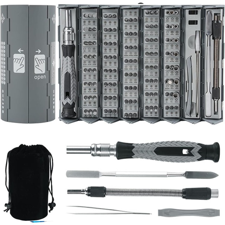Прецизен преносим комплект отвертки, Tebnaild, 126 части, сив