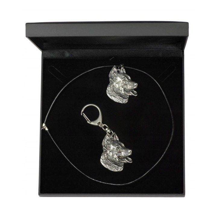 Ajándék szett nyaklánc zsinórral és Beauceron kulcstartóval, fémötvözet, ezüst/fekete