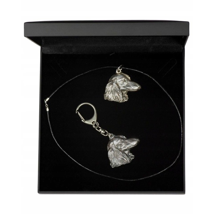 Tacskó nyaklánc ajándék szett zsinórral és kulcstartóval, fémötvözet, ezüst/fekete