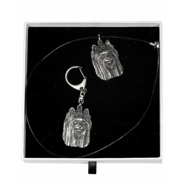 Yorkshire terrier nyaklánc ajándék készlet zsinórral és kulcstartóval, fémötvözet, ezüst/fekete