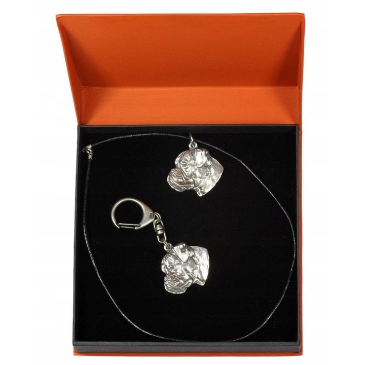 Boxer Dog nyaklánc + kulcstartó készlet, Ezüstös ötvözet, Ezüst