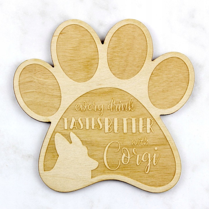 Set 4 suporturi pahar Corgi, Art Dog, Lemn, 9.5 x 10 cm, Bej