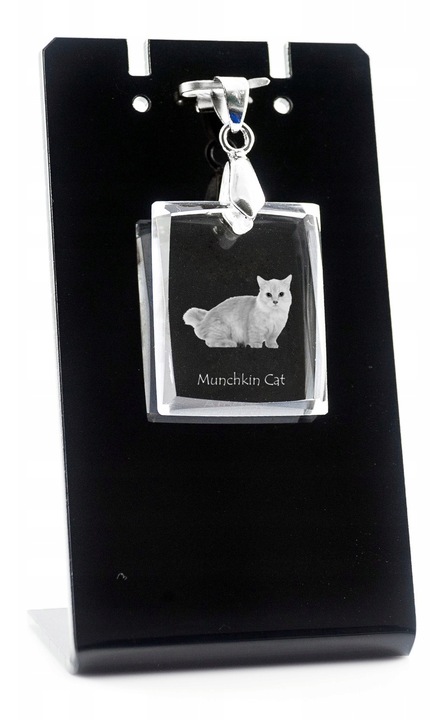 Гравирано дамско колие, Art-Dog, Стъкло, Модел котка Munchkin, 35x25x5 мм, Прозрачно/Сребристо