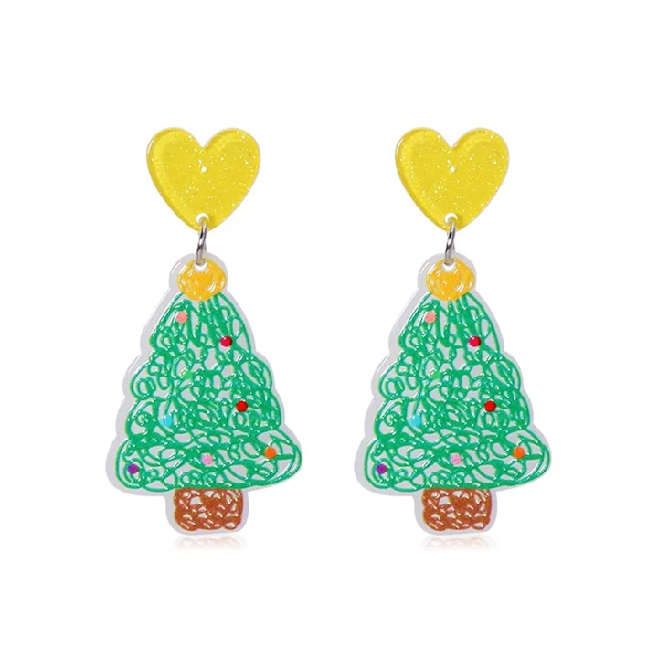 Cercei dama, tematica de Craciun, model vesel si colorat cu bradut impodobit, verde deschis, EFAYN