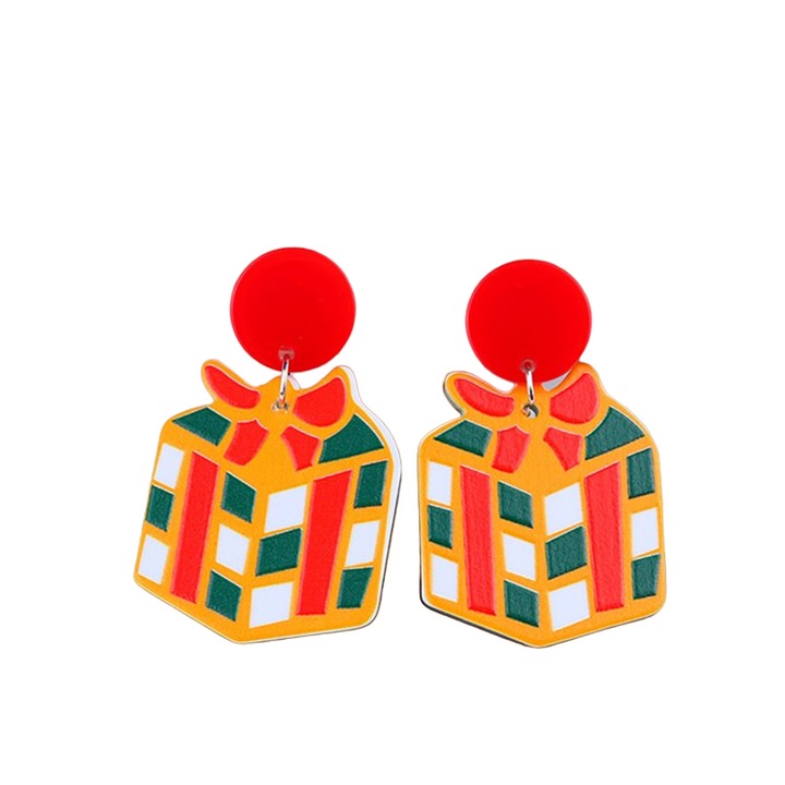 Cercei dama, tematica de Craciun, model de poveste cu cutiuta de cadou si fundita, rosu cu verde, EFAYN