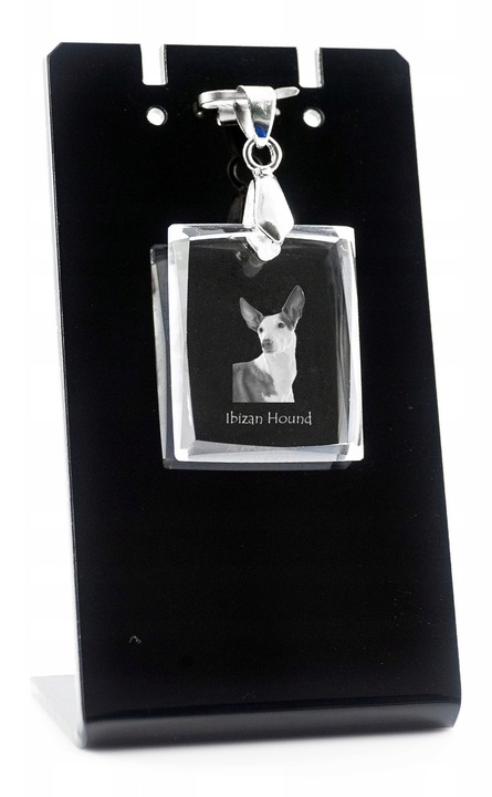 Gravírozott női nyaklánc, Art-Dog, Üveg, Podenco Ibiza kutyamodell, 35x25x5 mm, Átlátszó/Fekete