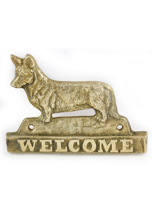 Дръжка на врата, Art-Dog, месинг, надпис "Добре дошли", модел уелско корги, злато