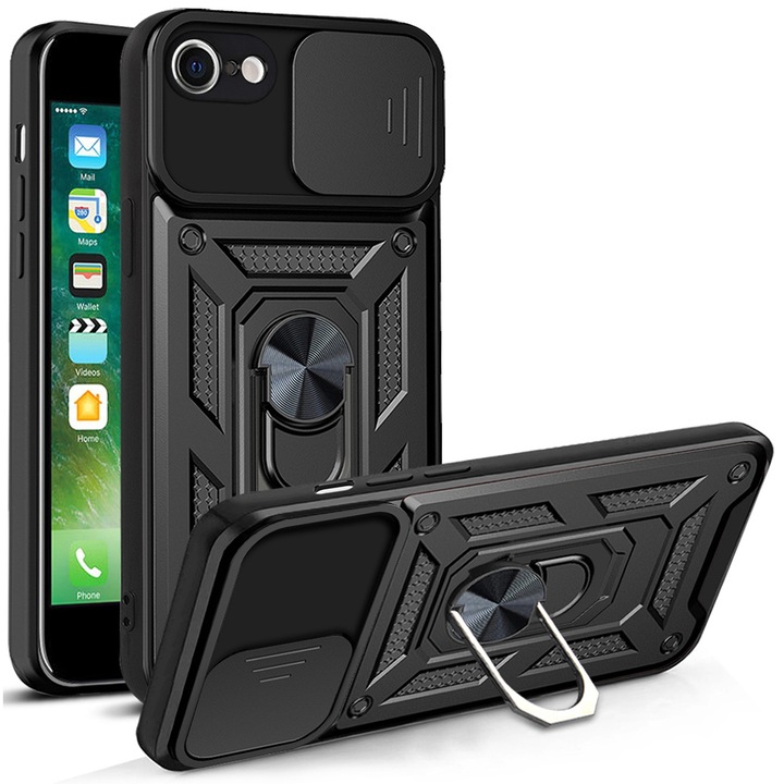 Husa pentru iPhone 7/8/SE 2/SE (2020)/SE 3/SE 2022 Premium Hybrid Armor Kickstand, Slider Camera, Antisoc, Protectie Superioara, Negru