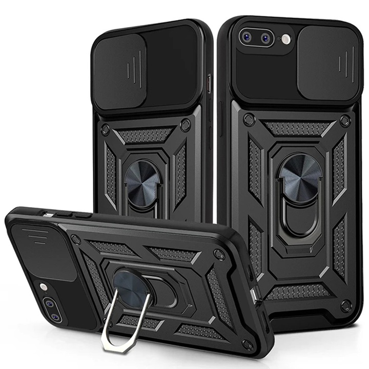 Husa pentru iPhone 7 Plus/iPhone 8 Plus Premium Hybrid Armor Kickstand, Slider Camera, Antisoc, Protectie Superioara, Negru