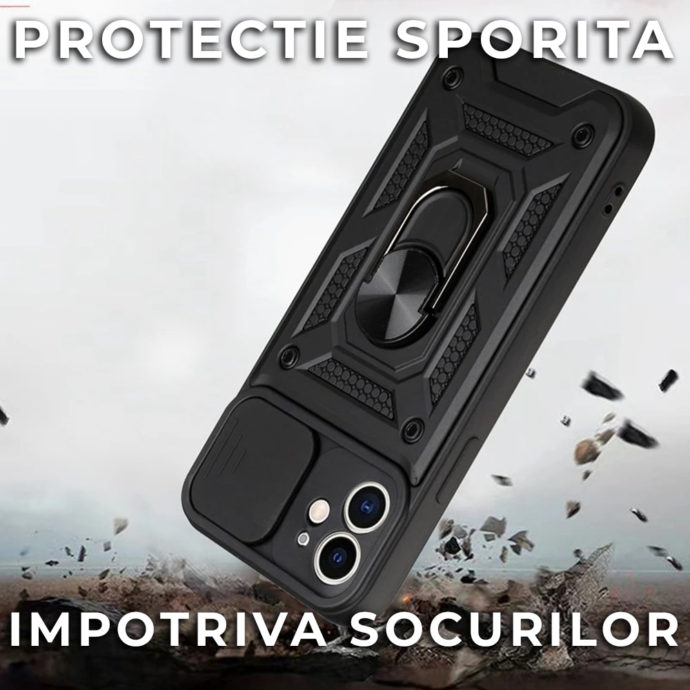 Husa pentru iPhone 11 Premium Hybrid Armor Kickstand, Slider Camera, Antisoc, Protectie Superioara, Negru