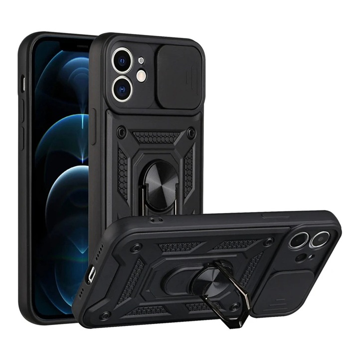 Husa pentru iPhone 11 Premium Hybrid Armor Kickstand, Slider Camera, Antisoc, Protectie Superioara, Negru