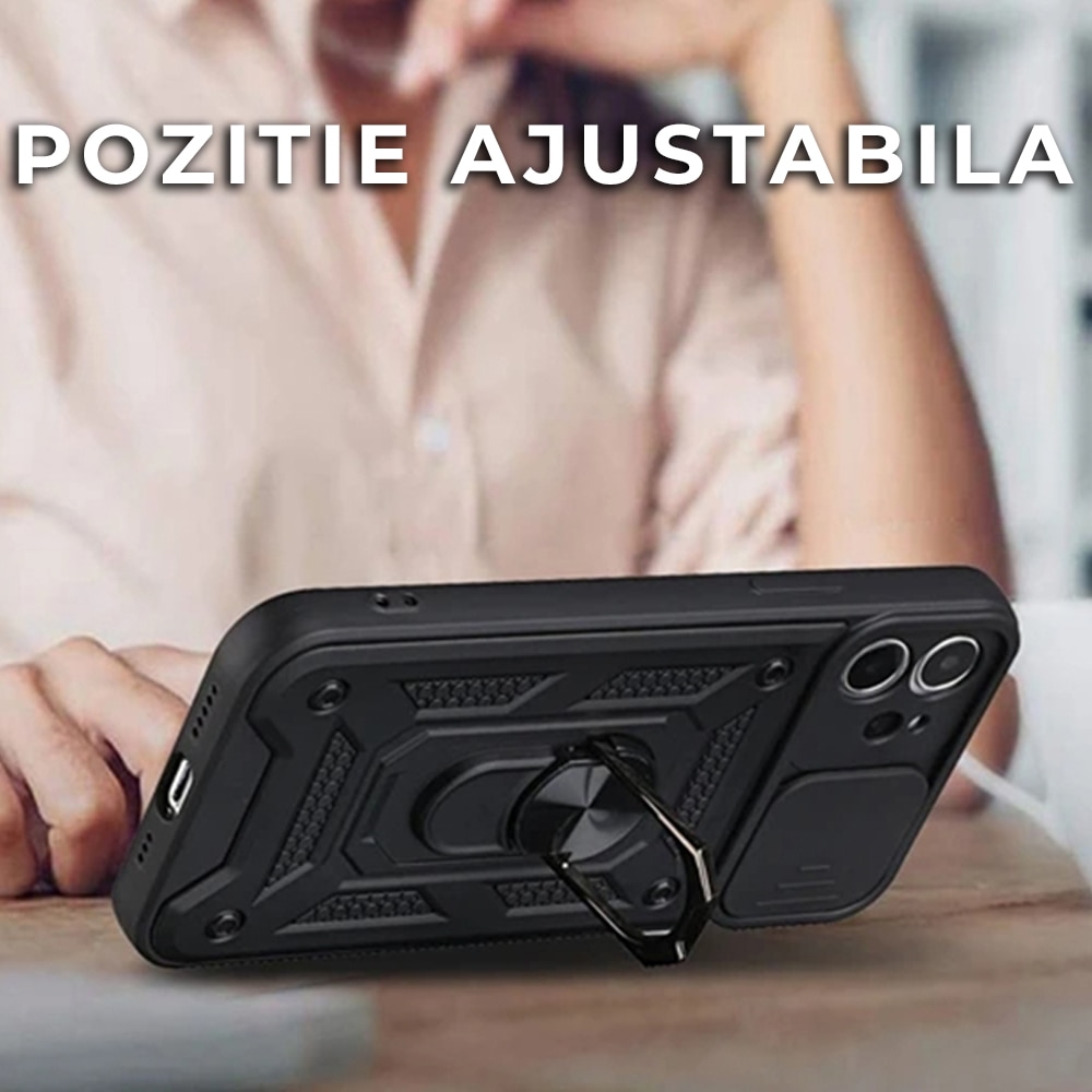 Husa pentru iPhone 11 Premium Hybrid Armor Kickstand, Slider Camera, Antisoc, Protectie Superioara, Negru