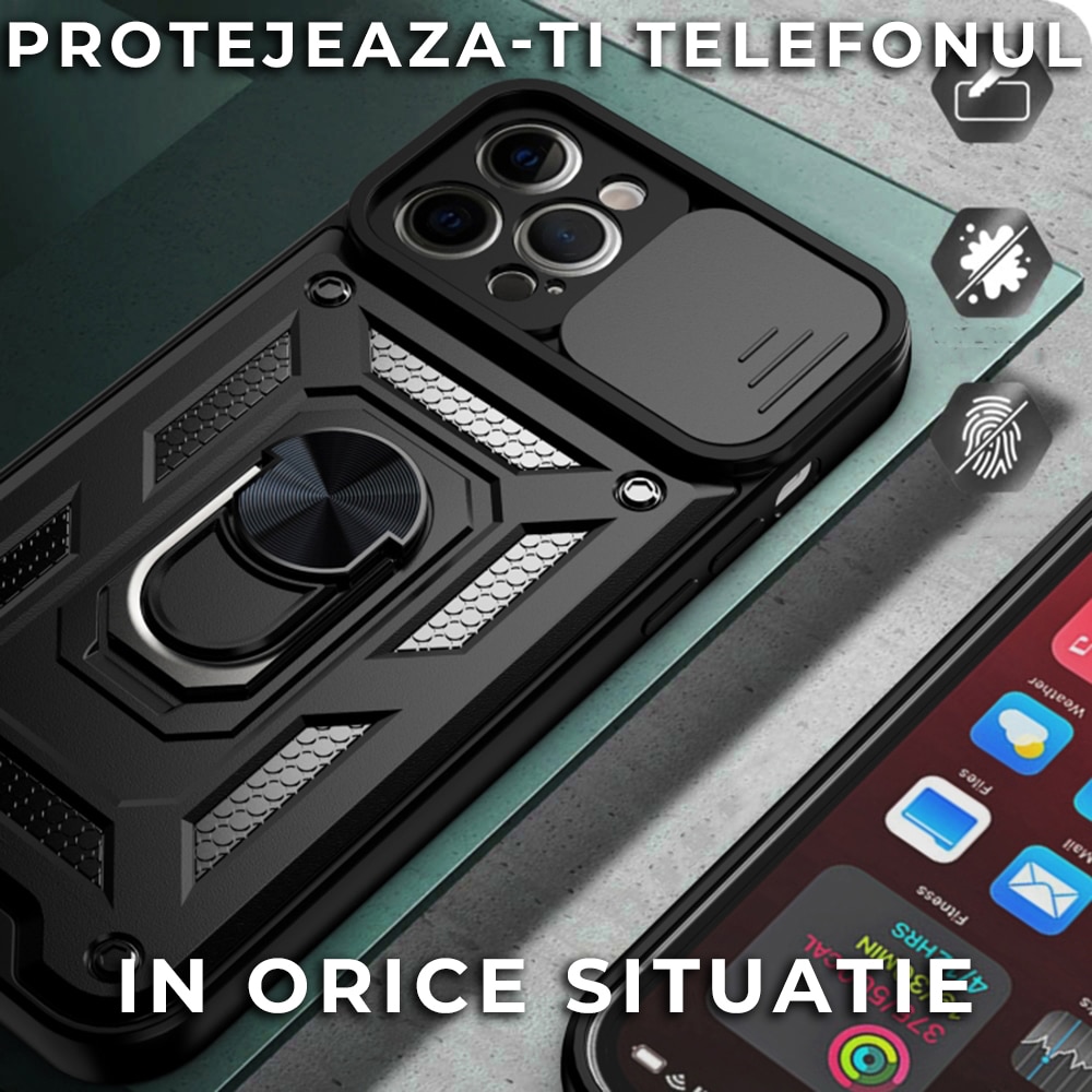 Husa pentru iPhone 12 Pro Max Premium Hybrid Armor Kickstand, Slider Camera, Antisoc, Protectie Superioara, Negru