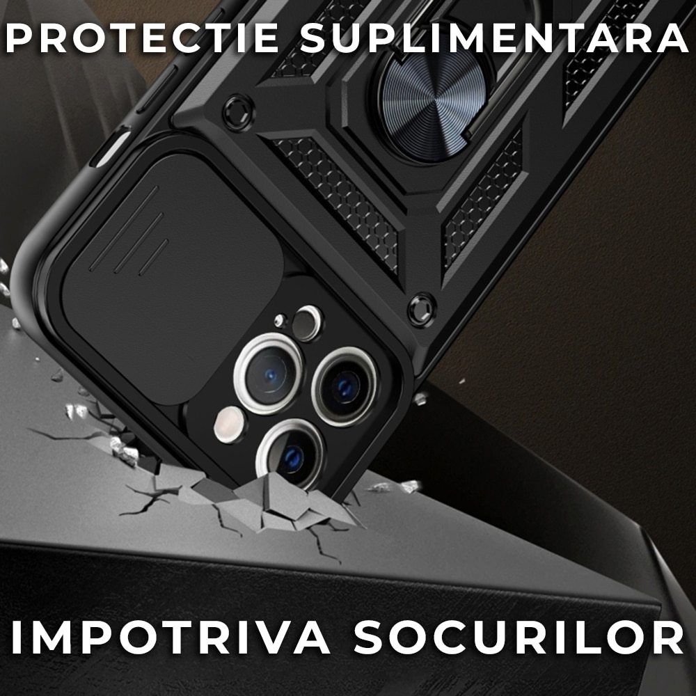 Husa pentru iPhone 12 Pro Max Premium Hybrid Armor Kickstand, Slider Camera, Antisoc, Protectie Superioara, Negru