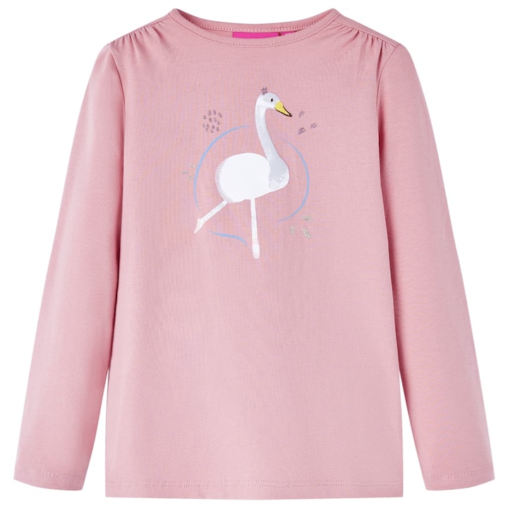 vidaXL Детска тениска с дълъг ръкав, щампа лебед, светло розово, Розов