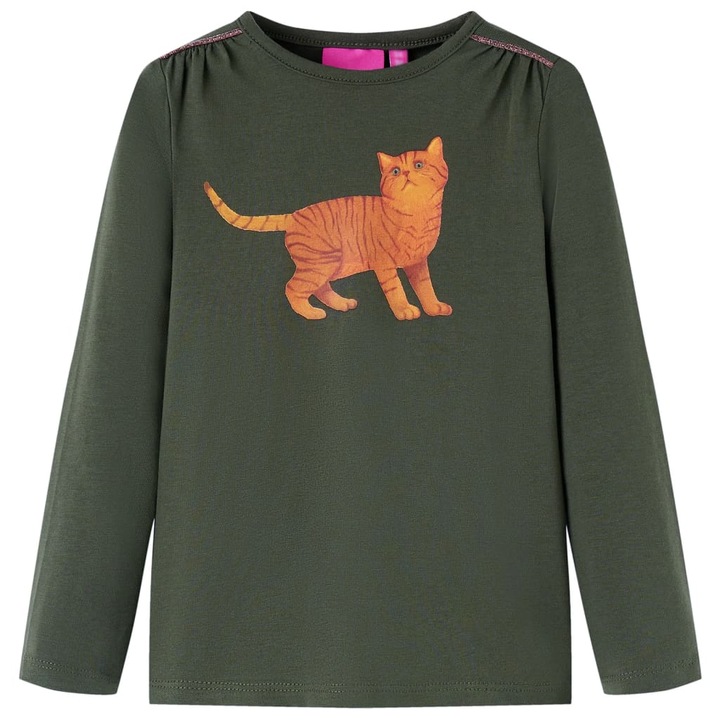 Tricou cu maneci lungi pentru copii vidaXL, design cu pisica, kaki, Verde
