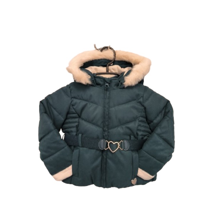 Geaca fetite 2 ani verde smarald cu blanita interioara, gluga si curea elastica in talie Sectiune pentru nume si prenume, 92 CM