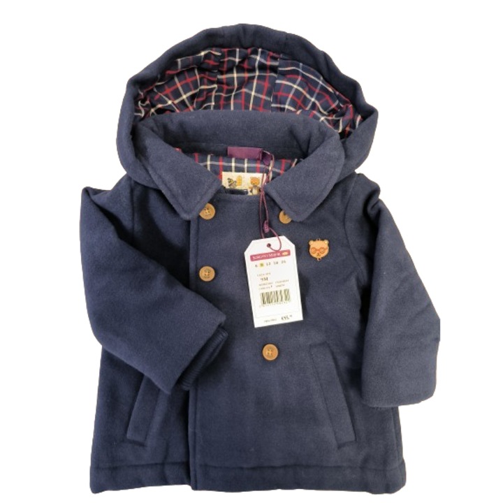 Geaca tip palton bebelus fetita albastru navy cu inchidere prin fermoar si capse si insigna urs, 71 CM