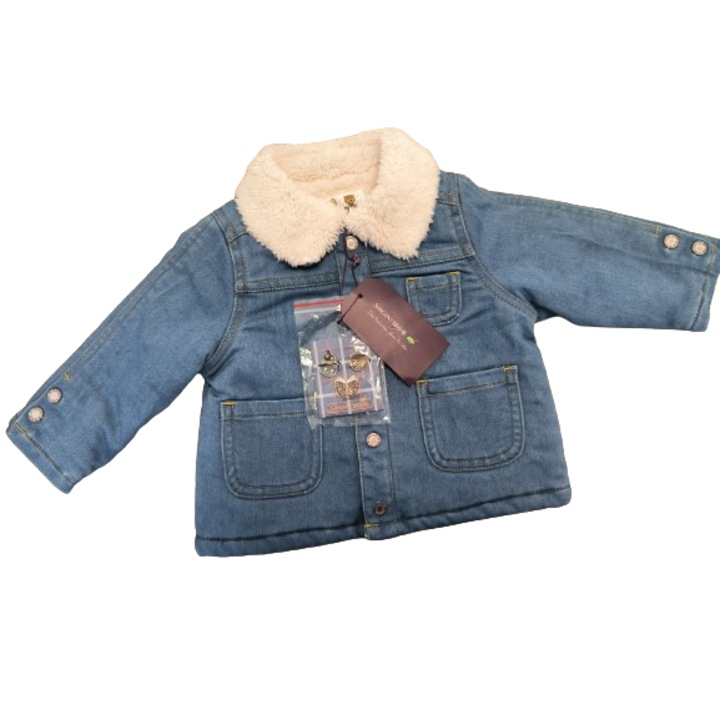 Geaca denim imblanita pentru bebelus baietel cu varsta de 6 luni include 3 accesorii insigna editia ecole de magie, 68 CM