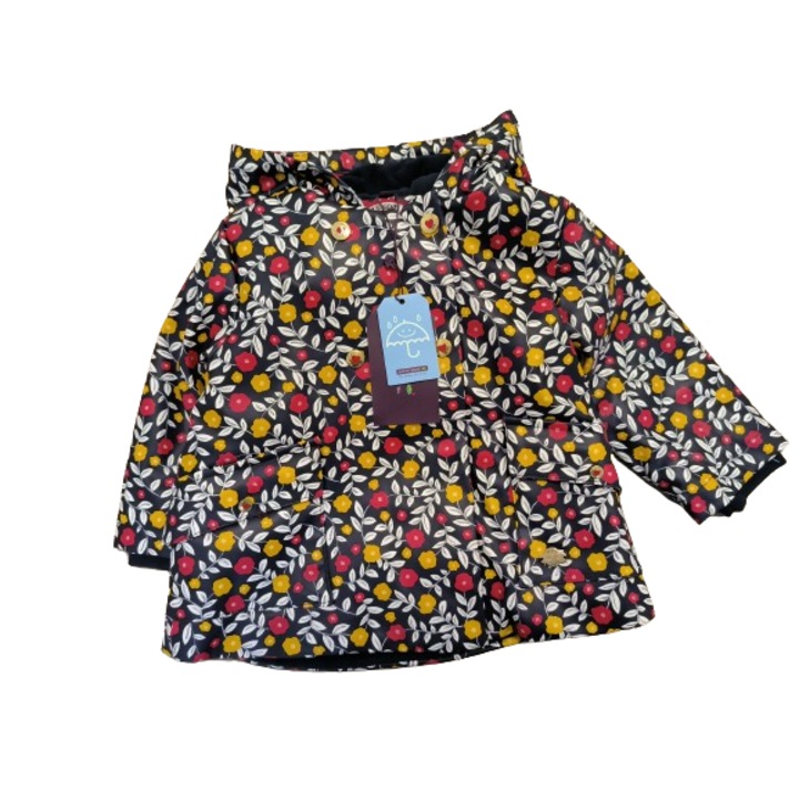 Geaca impermeabila cu imprimeu floral pentru fetite 12 luni cu gluga si sectiune pentru nume si prenume, 74 CM