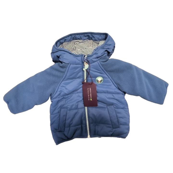 Geaca bebelus baiat 6 luni albastru marin cu motive marine, captuseala calduroasa cu imprimeu balena sectiune pentru nume si prenume, 68 CM