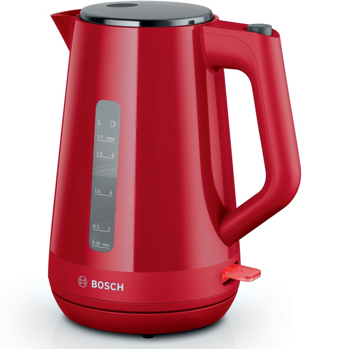 Кана за затопляне на вода Bosch TWK1M124, 1.7л, Филтър за котлен камък, Автоматично изключване, Защита от прегряване, Изключване при вдигане на каната от поставката, Червен