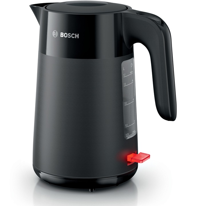 Fierbator de apa Bosch TWK2M163, 1.7l, filtru de calcar,oprire automata, protectie impotriva supraincalzirii si functionarii fara apa, oprire in momentul ridicarii canii de pe suport, Negru