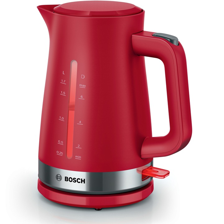 Кана за затопляне на вода Bosch TWK4M224, 1.7 л, Филтър за котлен камък, Автоматично изключване, Защита от прегряване, Изключване при вдигане на каната от поставката, Червен
