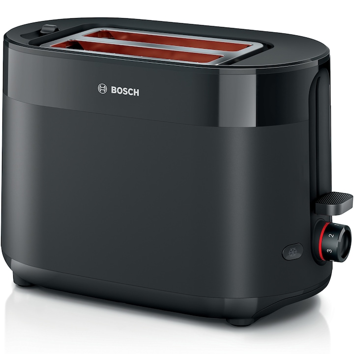 Bosch TAT2M123 kompakt kenyérpirító, leolvasztási és fűtési beállítások, zsemlemelegítő állvány; magas emelő; automatikus kikapcsolás; egyenletes barnulás; BPA-mentes műanyag; fekete