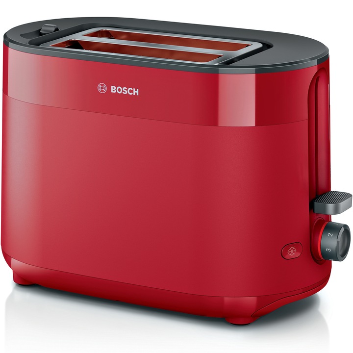 Bosch TAT2M123 kompakt kenyérpirító, leolvasztási és fűtési beállítások, zsemlemelegítő állvány; magas emelő; automatikus kikapcsolás; egyenletes barnulás; BPA-mentes műanyag elemek; piros
